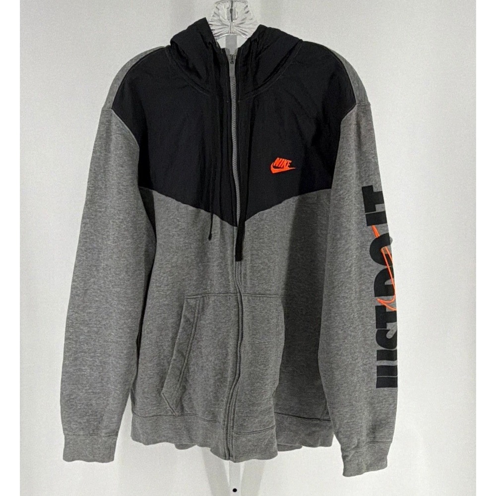 Nike Gray Black Orange Just Do It Cotton Blend Fleece Full Zip XL  Hoodie